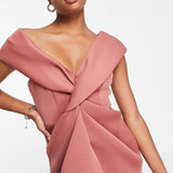 Asos Design Petite Twist Front Off The Shoulder Midi Dress In Rose