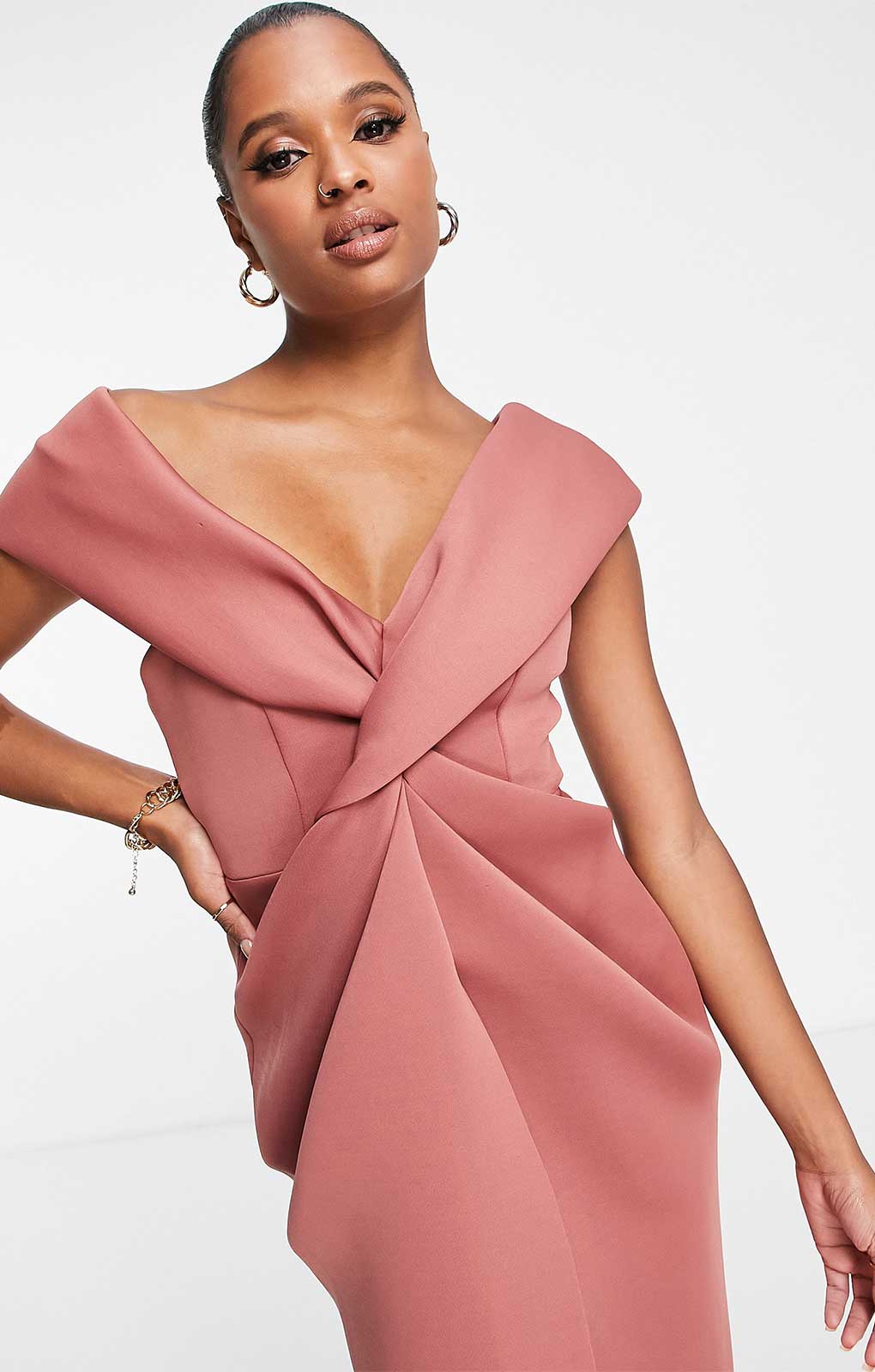 Asos Design Petite Twist Front Off The Shoulder Midi Dress In Rose