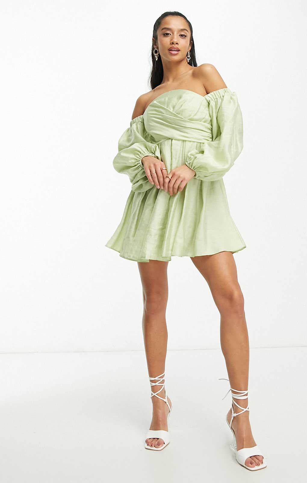Asos Design Petite Washed Off Shoulder Balloon Sleeve Mini Dress With Wrap Corset Detail In Sage Green