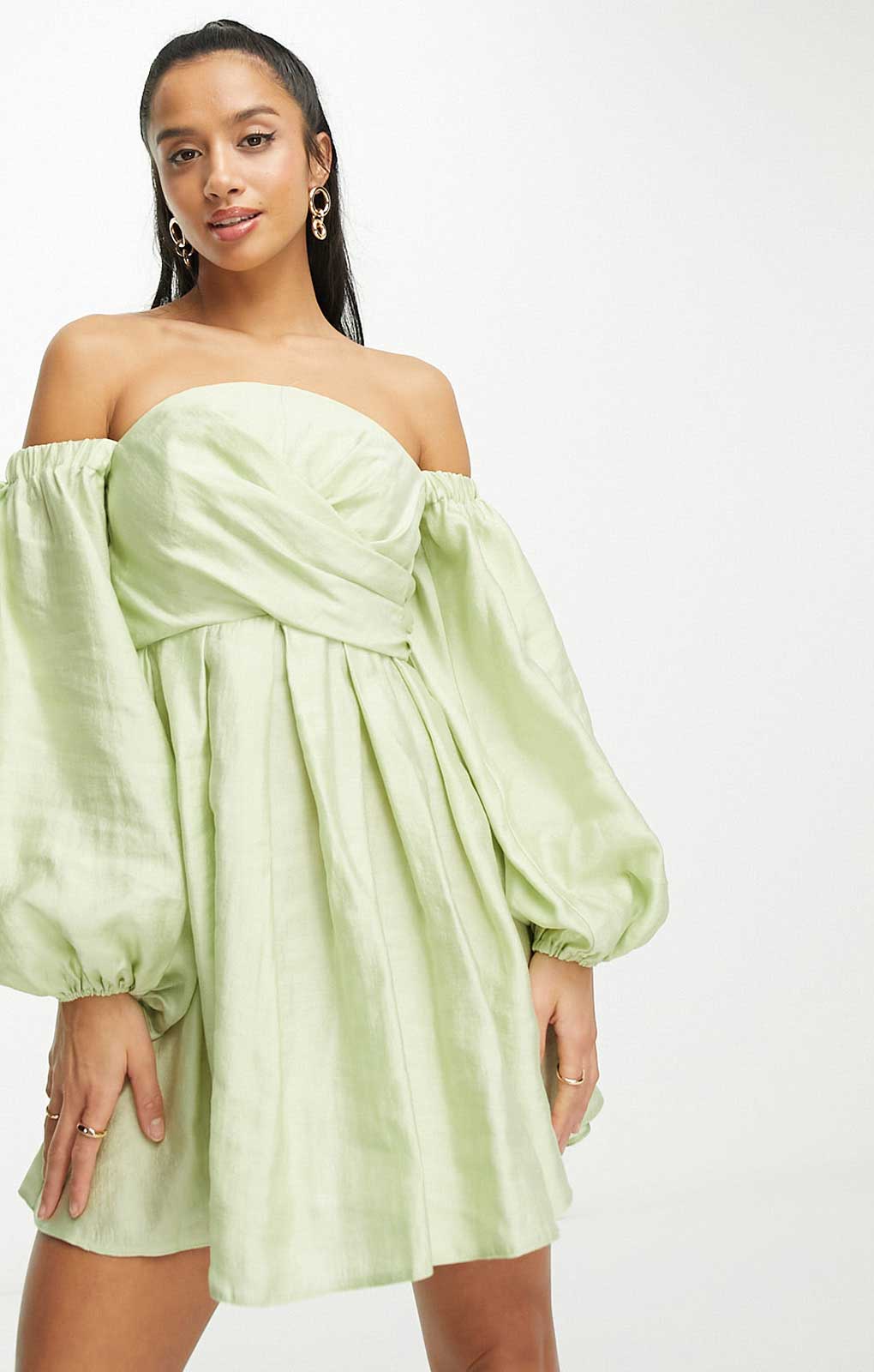 Asos Design Petite Washed Off Shoulder Balloon Sleeve Mini Dress With Wrap Corset Detail In Sage Green