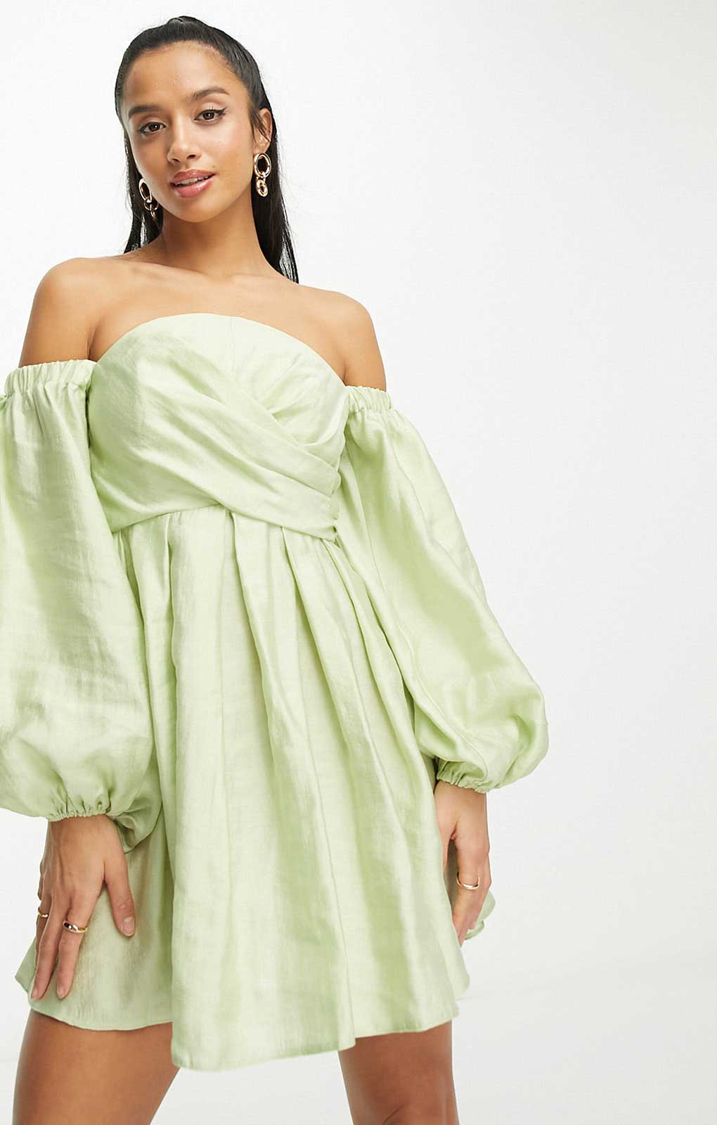 Asos Design Petite Washed Off Shoulder Balloon Sleeve Mini Dress With Wrap Corset Detail In Sage Green product image