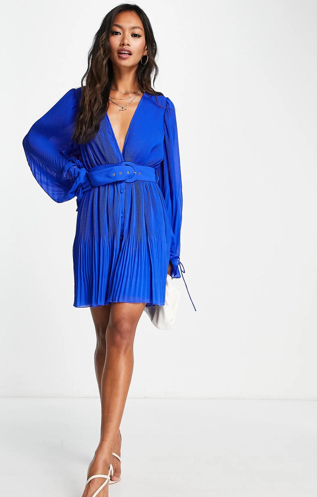 Asos Design Pleated Blouson Sleeve Mini Dress With Belt Detail In Cobalt – dresses by ASOS DESIGN, available to rent from Hirestreet