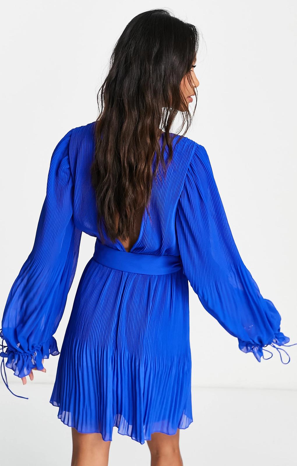 Asos Design Pleated Blouson Sleeve Mini Dress With Belt Detail In Cobalt – dresses by ASOS DESIGN, available to rent from Hirestreet