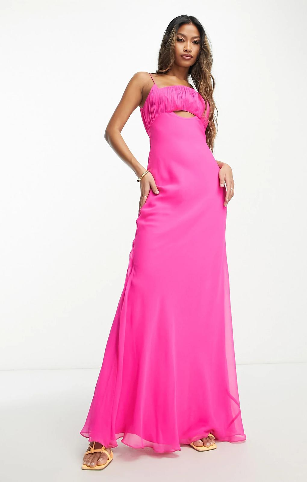 Asos Design Ruched Bust Cut Out Bias Maxi Dress In Hot Pink – dresses by ASOS DESIGN, available to rent from Hirestreet