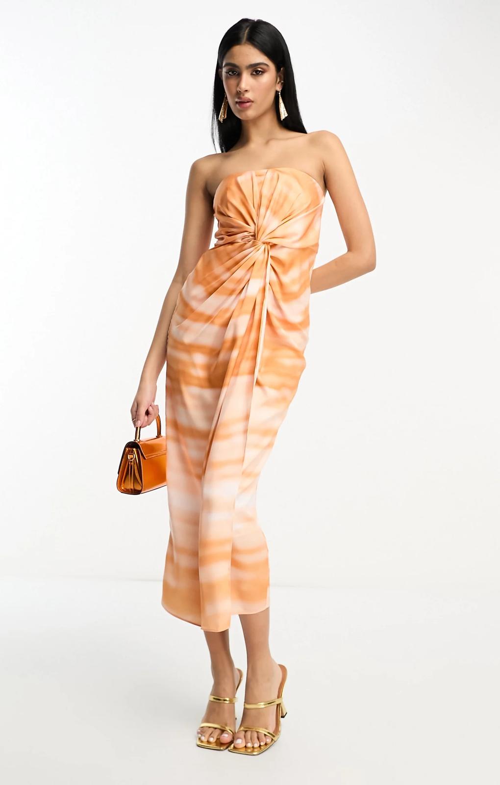 Asos Design Satin Bandeau Twist Front Midi Dress In Watercolour Print – dresses by ASOS DESIGN, available to rent from Hirestreet