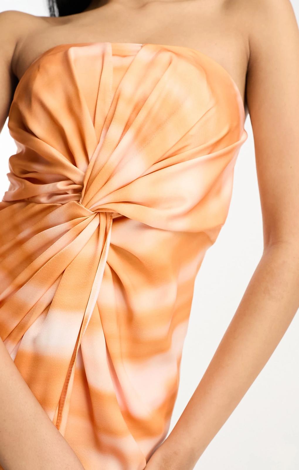 Asos Design Satin Bandeau Twist Front Midi Dress In Watercolour Print – dresses by ASOS DESIGN, available to rent from Hirestreet