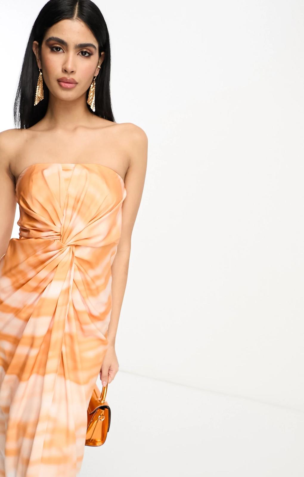 Asos Design Satin Bandeau Twist Front Midi Dress In Watercolour Print – dresses by ASOS DESIGN, available to rent from Hirestreet