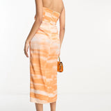 Asos Design Satin Bandeau Twist Front Midi Dress In Watercolour Print – dresses by ASOS DESIGN, available to rent from Hirestreet