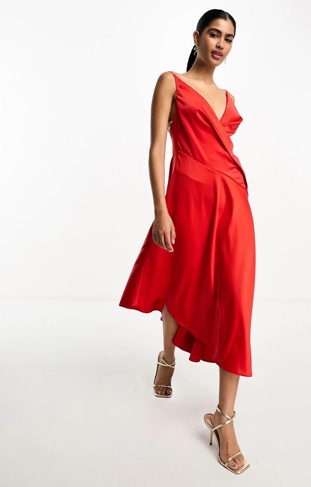 Asos Design Satin Cami Drape Midi Dress With Graduated Hem In Red – dresses by ASOS DESIGN, available to rent from Hirestreet