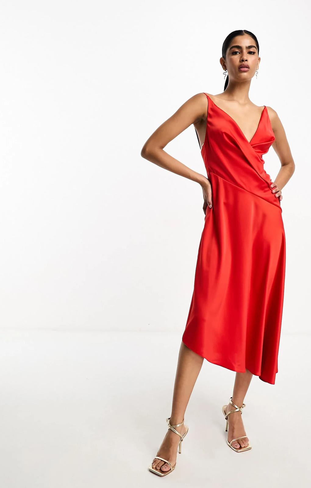 Asos Design Satin Cami Drape Midi Dress With Graduated Hem In Red – dresses by ASOS DESIGN, available to rent from Hirestreet