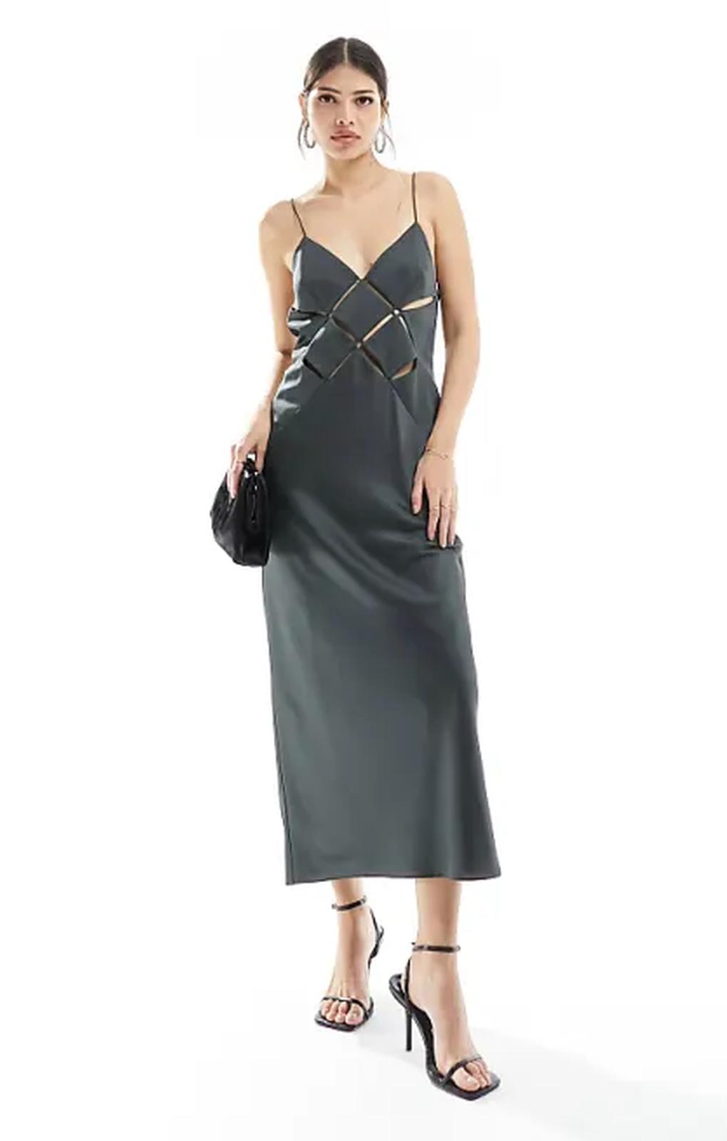 Asos Design Satin Cut Out Cami Midi Dress In Charcoal Grey – dresses by ASOS DESIGN, available to rent from Hirestreet