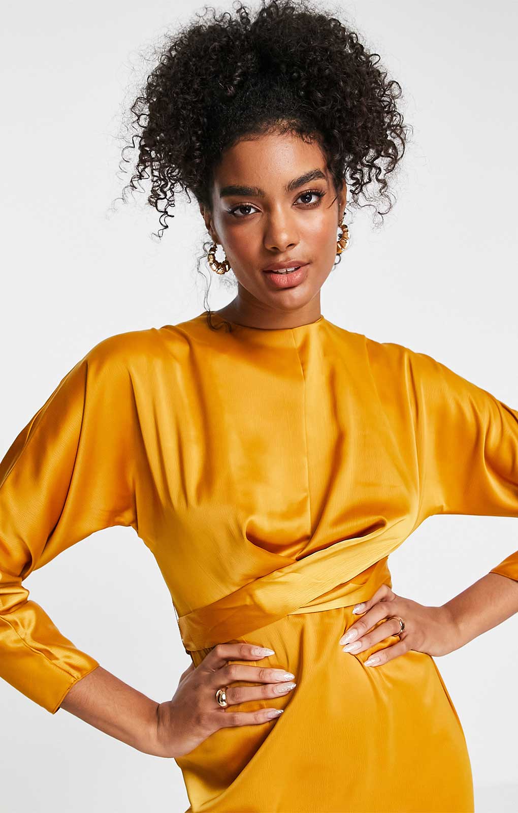 Asos Design Satin Maxi Dress With Batwing Sleeve And Wrap Waist In Mustard Yellow