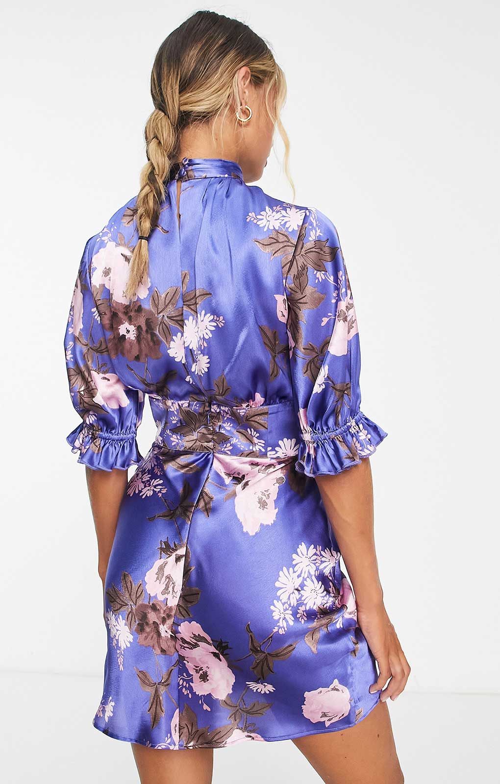 Asos Design Satin Mini Mixed Floral Dress With Waist Detail And Frill Sleeves In Blue