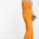 Asos Design Satin One Shoulder Maxi Dress With Cut Out Elastic Band Detail In Sunset Orange