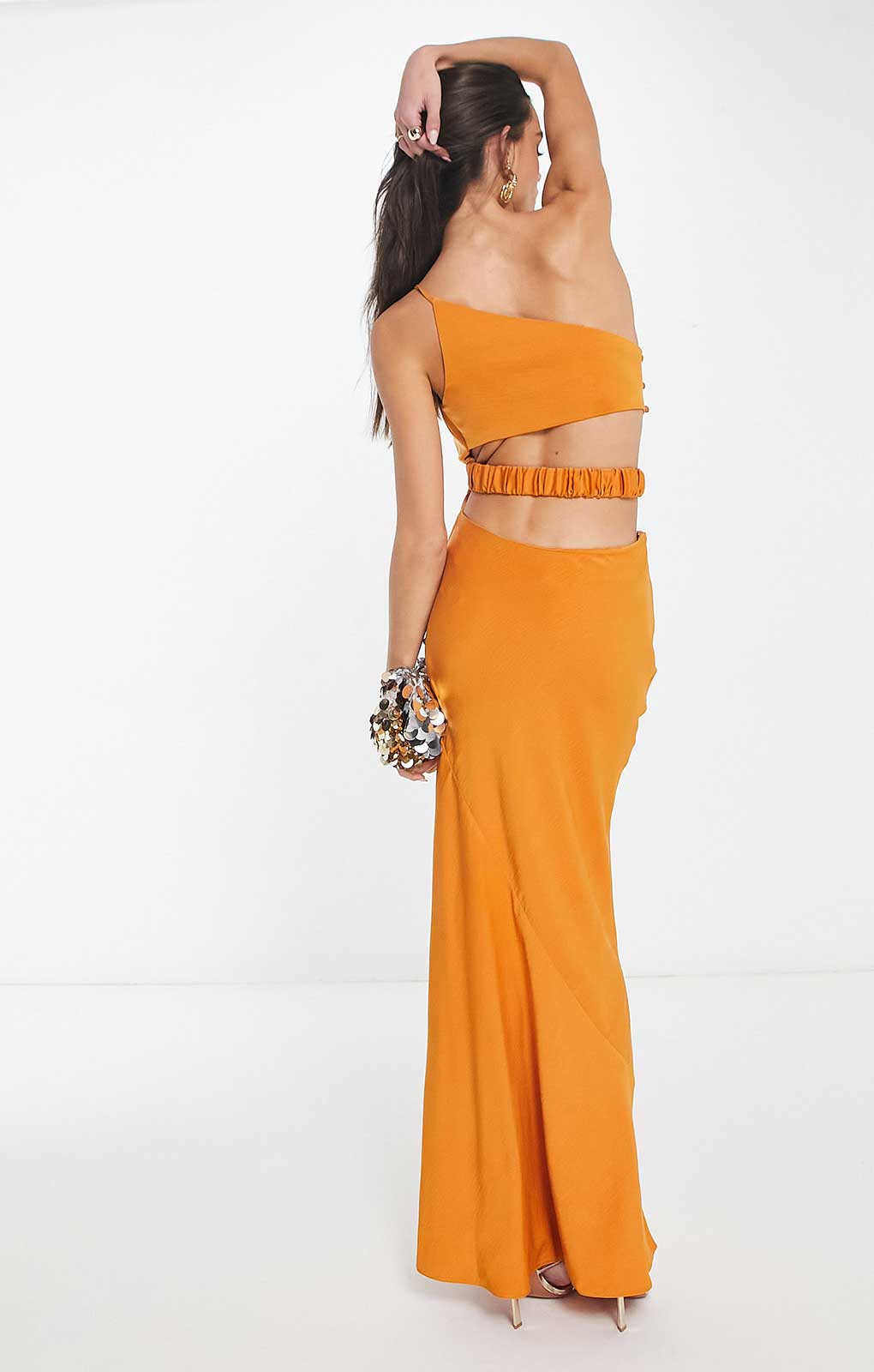 Asos Design Satin One Shoulder Maxi Dress With Cut Out Elastic Band Detail In Sunset Orange