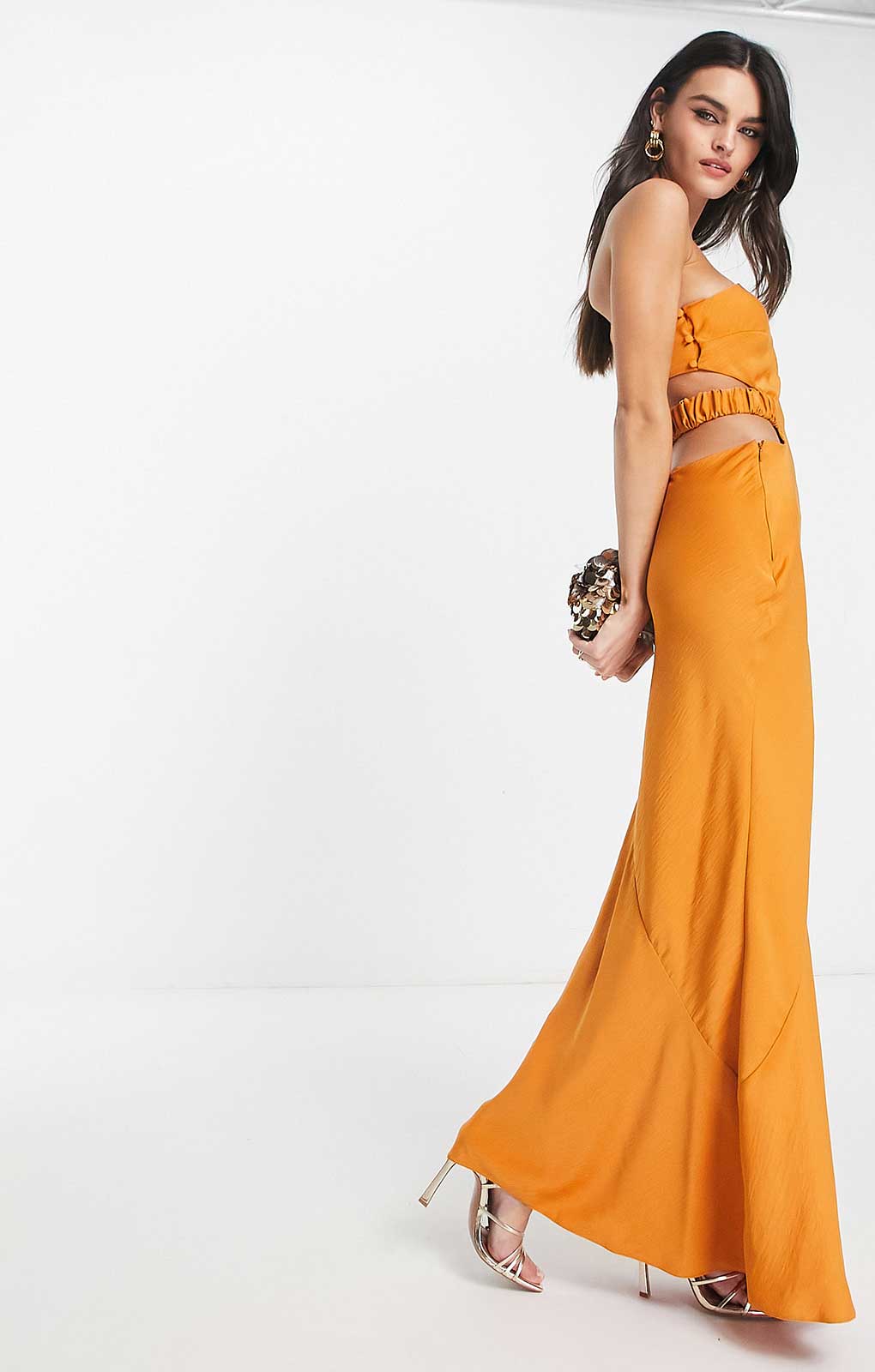 Asos Design Satin One Shoulder Maxi Dress With Cut Out Elastic Band Detail In Sunset Orange
