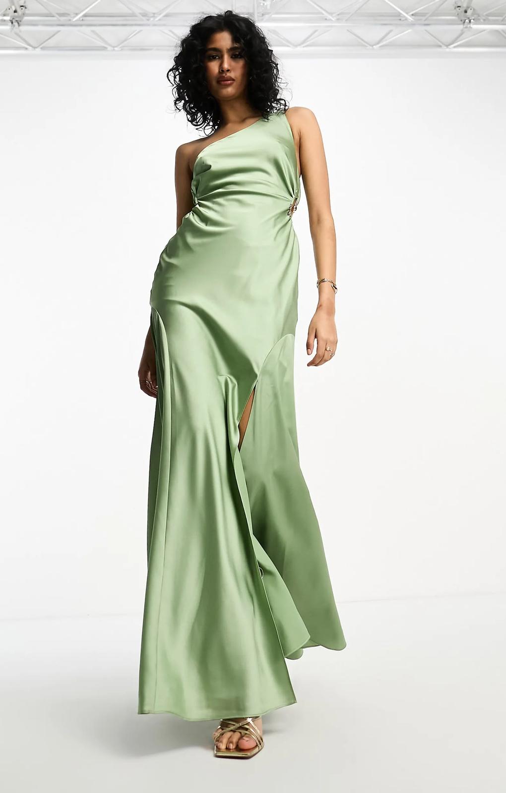 Asos Design Satin One Shoulder Maxi Dress With Waist Detail In Sage Green – dresses by ASOS DESIGN, available to rent from Hirestreet