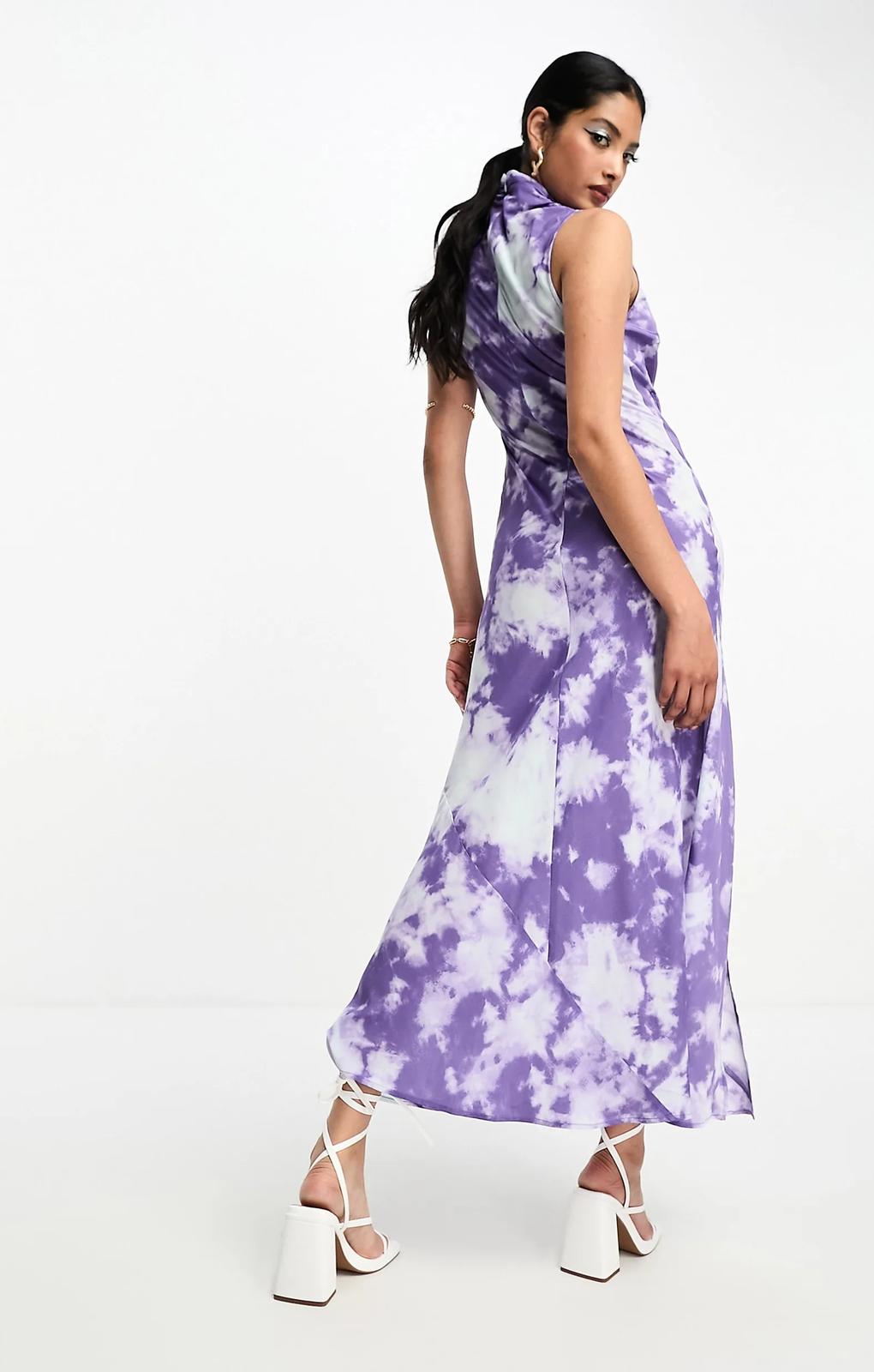 Asos Design Satin Sleeveless High Neck Midi Dress With Split Front In Marble Print – dresses by ASOS DESIGN, available to rent from Hirestreet