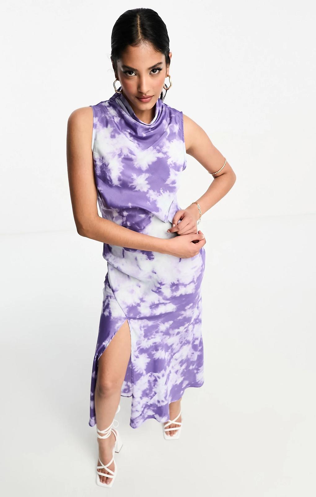 Asos Design Satin Sleeveless High Neck Midi Dress With Split Front In Marble Print – dresses by ASOS DESIGN, available to rent from Hirestreet