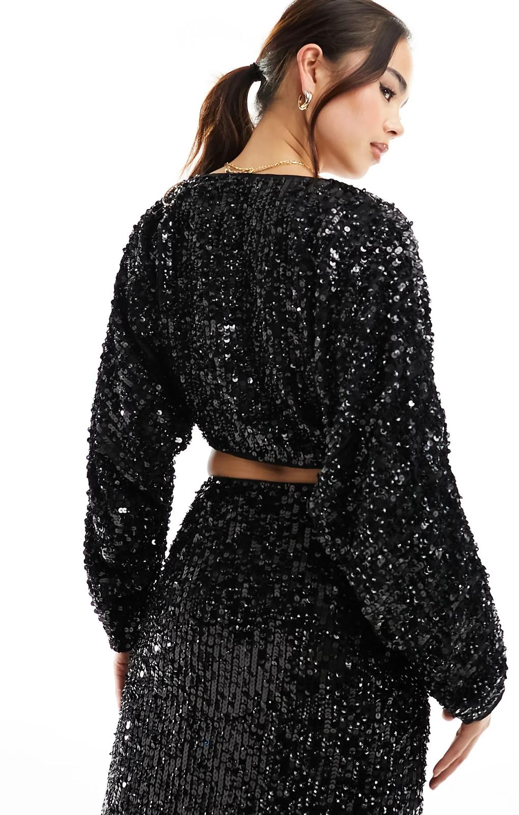 Asos Design Sequin Long Sleeve Batwing Blouse Co-Ord In Black – tops by ASOS DESIGN, available to rent from Hirestreet