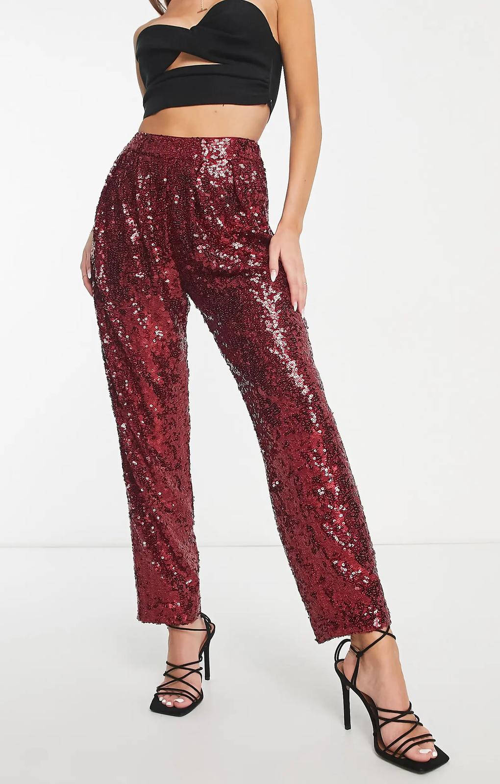 Asos Design Sequin Slouchy Trousers In Red – trousers by ASOS DESIGN, available to rent from Hirestreet