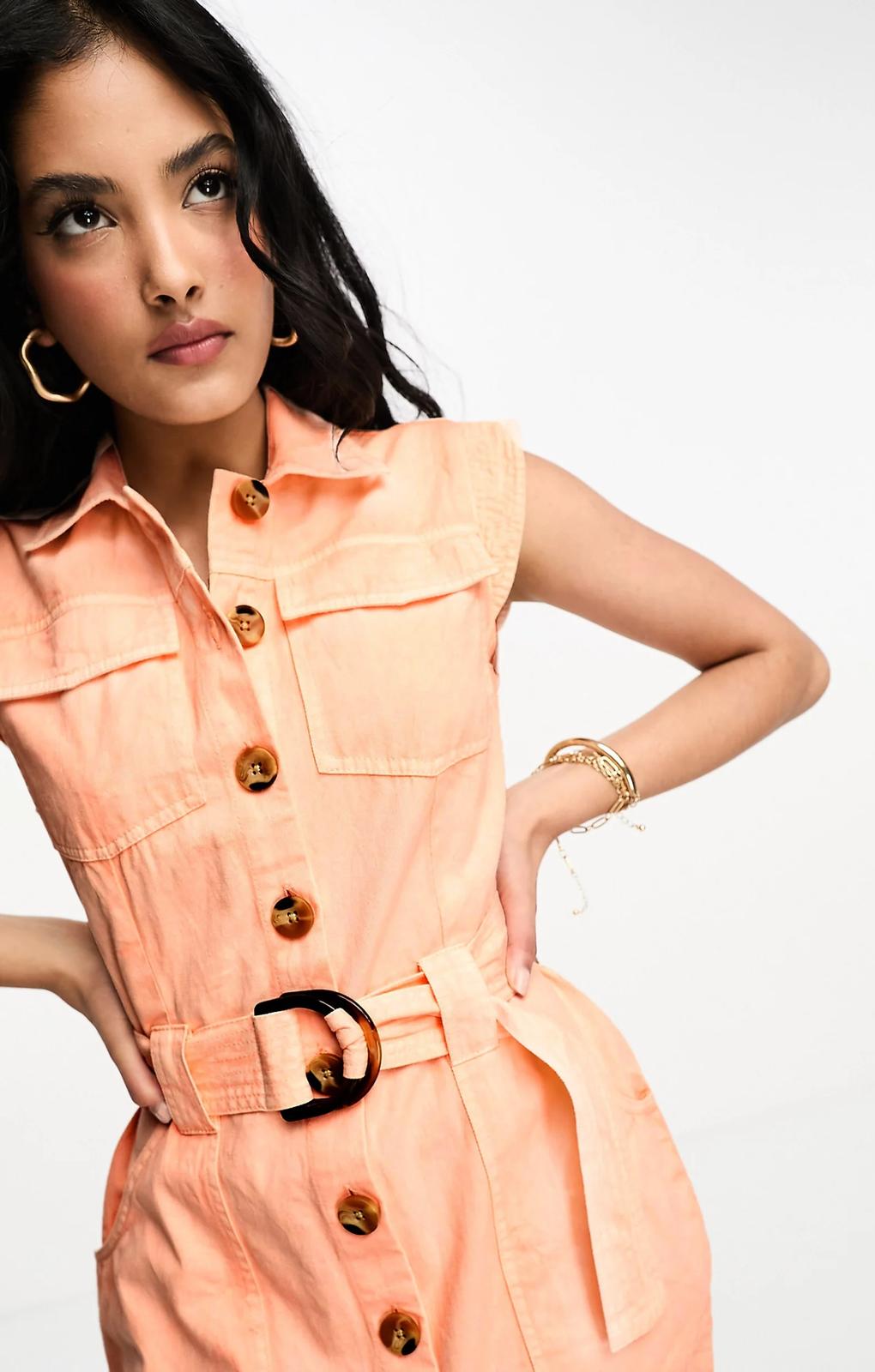 Asos Design Sleeveless Twill Shirt Mini Dress With D Ring Buckle Detail In Peach – dresses by ASOS DESIGN, available to rent from Hirestreet