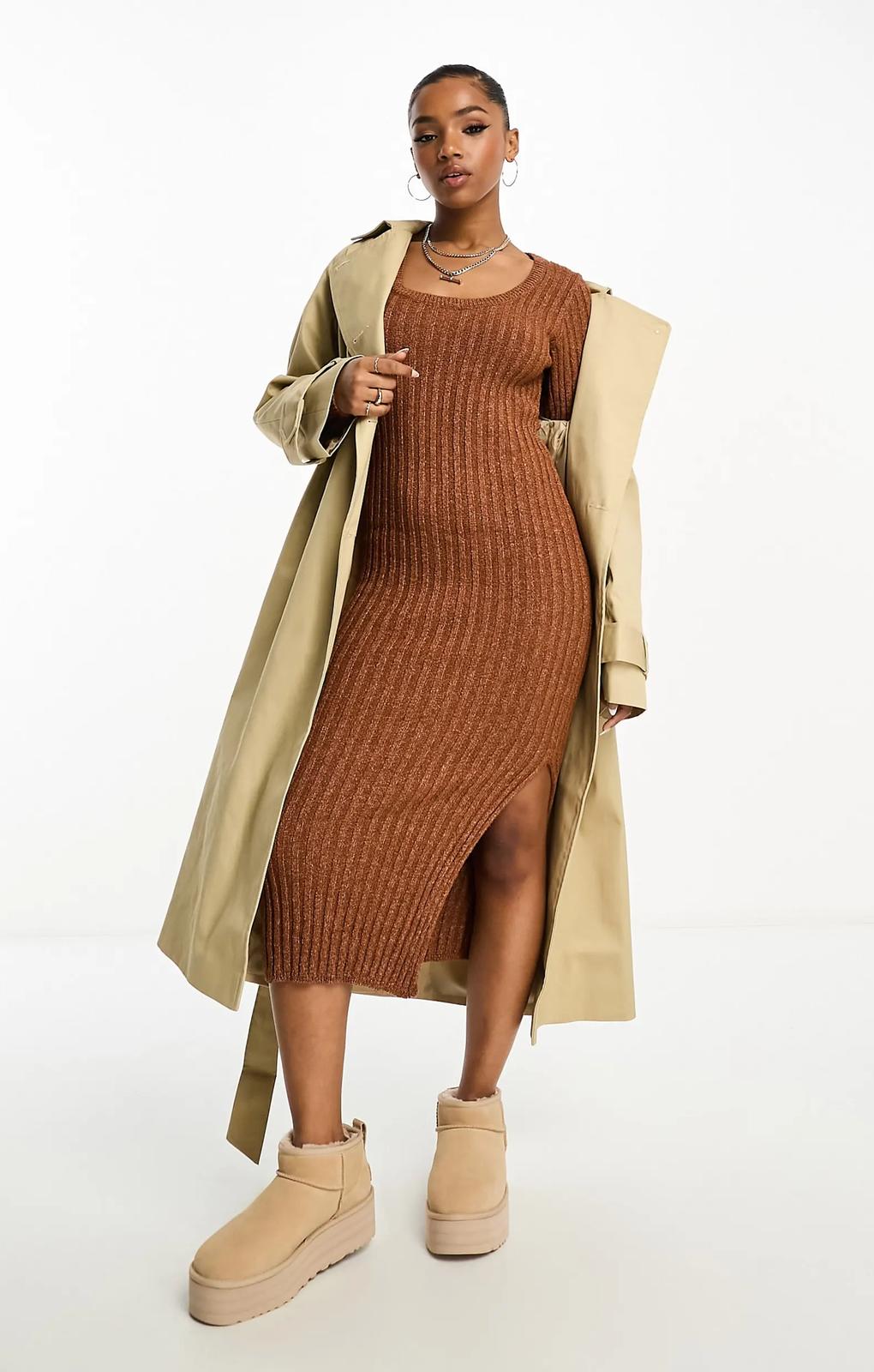 Asos Design Square Neck Knitted Midi Dress In Textured Yarn In Brown – dresses by ASOS DESIGN, available to rent from Hirestreet