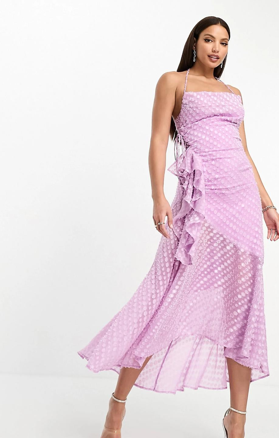 Asos Design Tall Cowl Neck Frill Detail Hi Low Hem Midi Slip Dress With Tie Side In Lilac Dobby – dresses by ASOS Tall, available to rent from Hirestreet