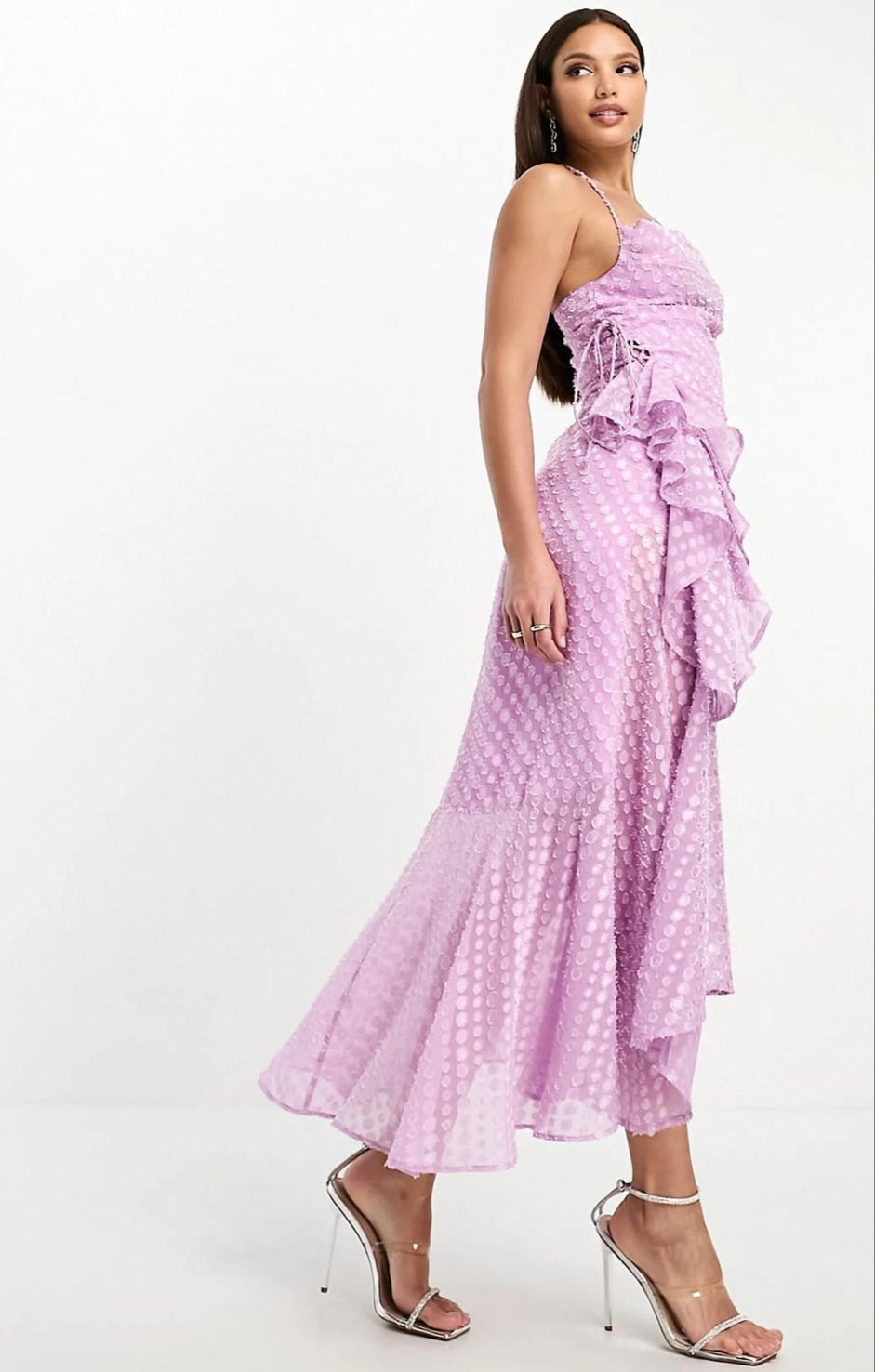 Asos Design Tall Cowl Neck Frill Detail Hi Low Hem Midi Slip Dress With Tie Side In Lilac Dobby – dresses by ASOS Tall, available to rent from Hirestreet