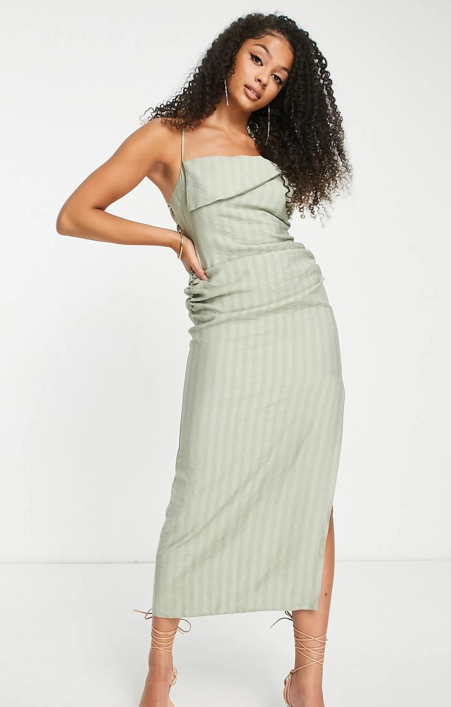 Asos Design Tall Drape Neck Open Back Seersucker Midi Dress In Sage – dresses by ASOS Tall, available to rent from Hirestreet