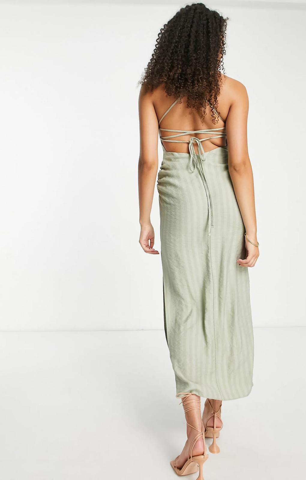 Asos Design Tall Drape Neck Open Back Seersucker Midi Dress In Sage – dresses by ASOS Tall, available to rent from Hirestreet