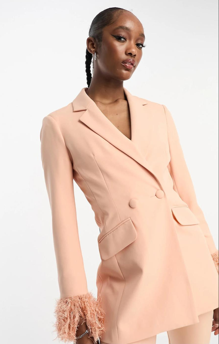 Asos Design Tall Nipped Waist Tuxedo Suit Blazer With Fringe Cuff In Apricot – coats & jackets by ASOS Tall, available to rent from Hirestreet