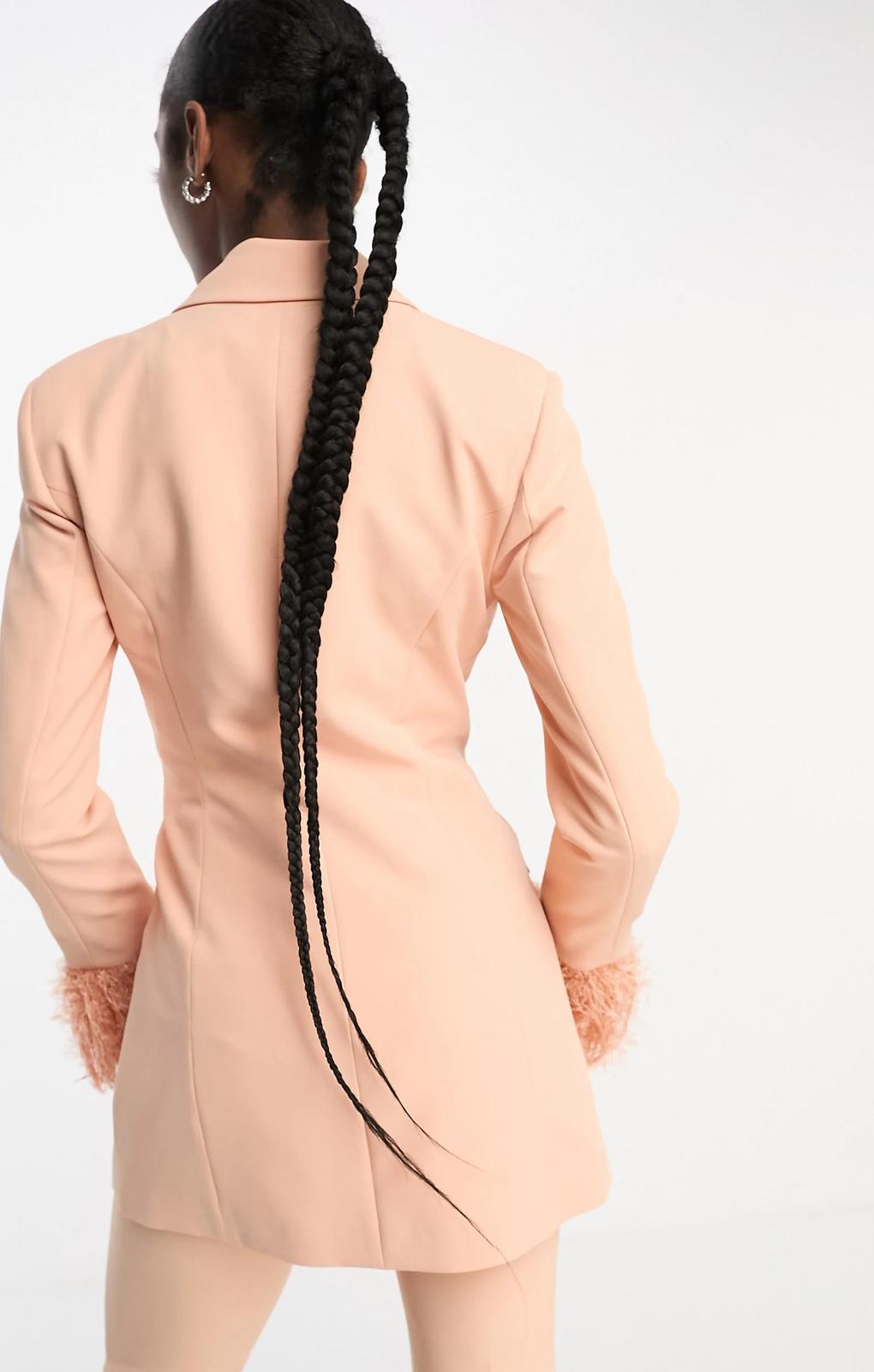 Asos Design Tall Nipped Waist Tuxedo Suit Blazer With Fringe Cuff In Apricot – coats & jackets by ASOS Tall, available to rent from Hirestreet