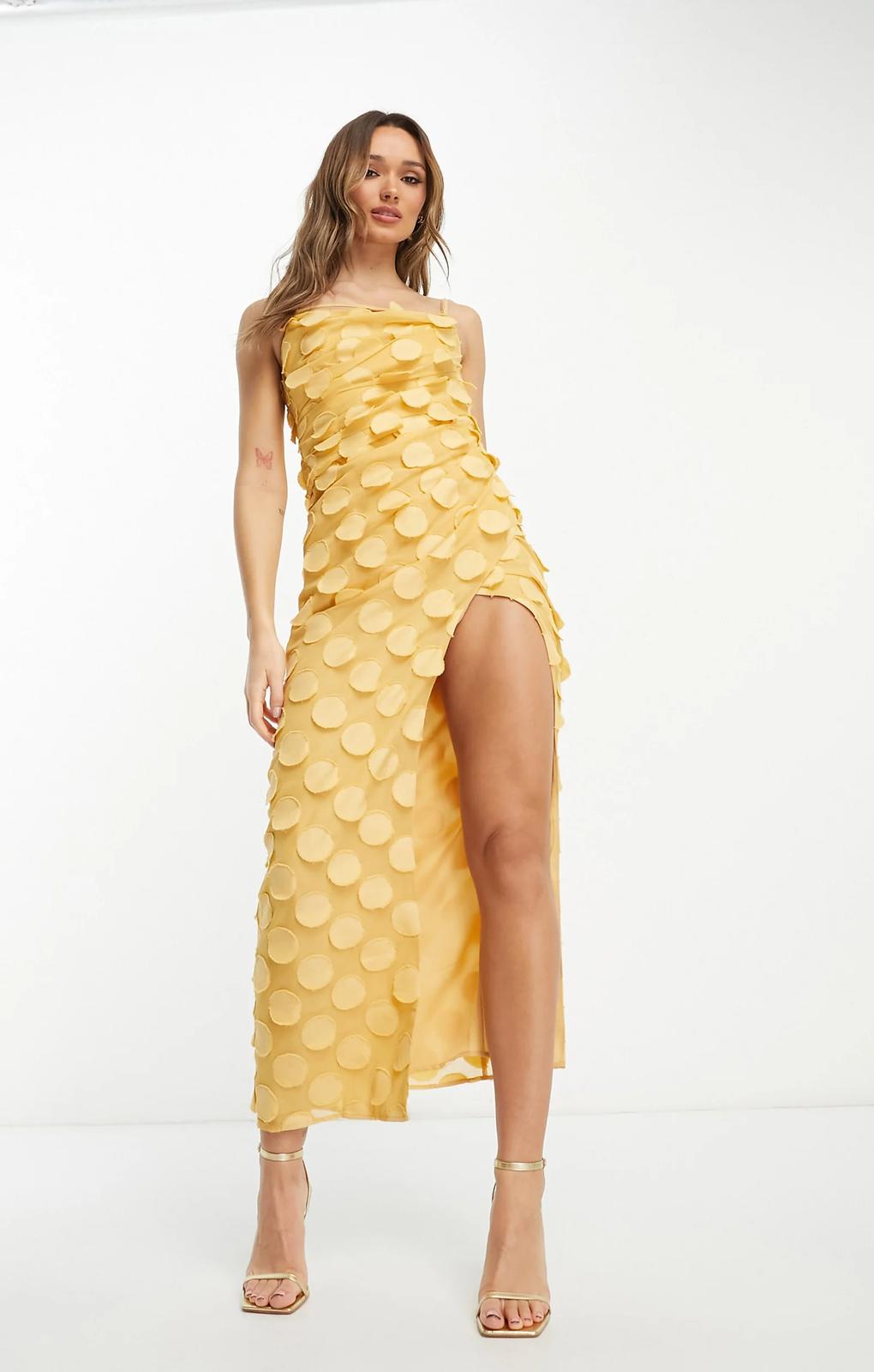 Asos Design Textured Cowl Maxi Dress With Strappy Detail In Pale Yellow – dresses by ASOS DESIGN, available to rent from Hirestreet