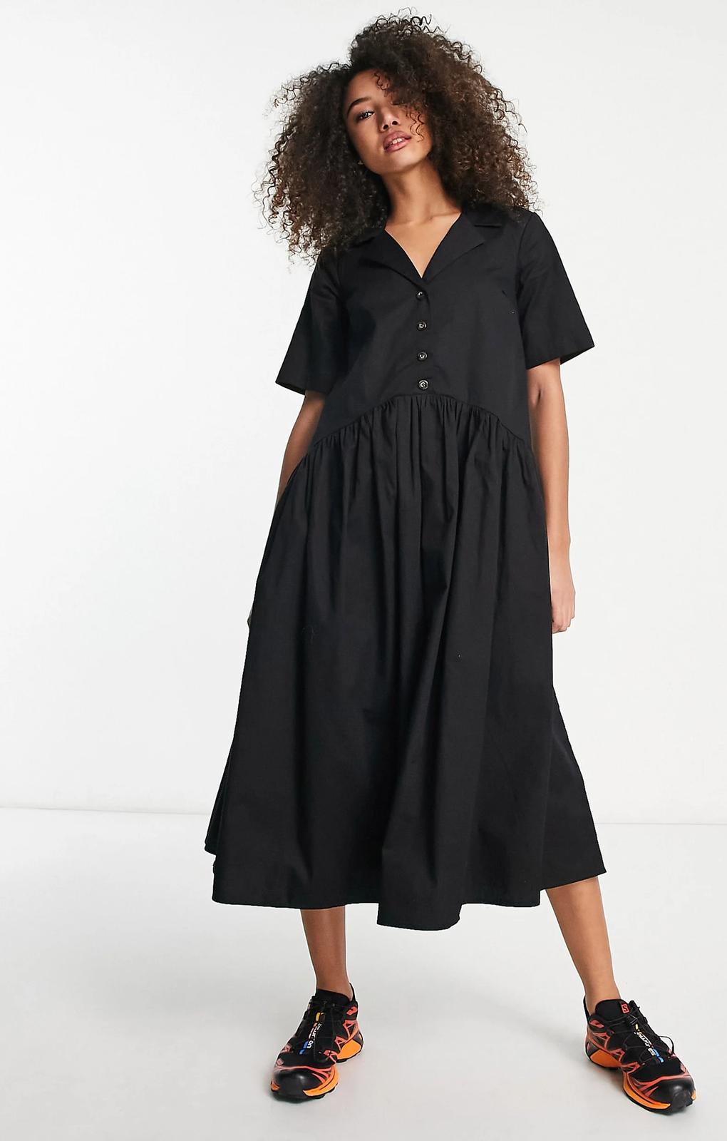 Asos Design Twill Collared Button Midi Smock Dress In Black – dresses by ASOS DESIGN, available to rent from Hirestreet