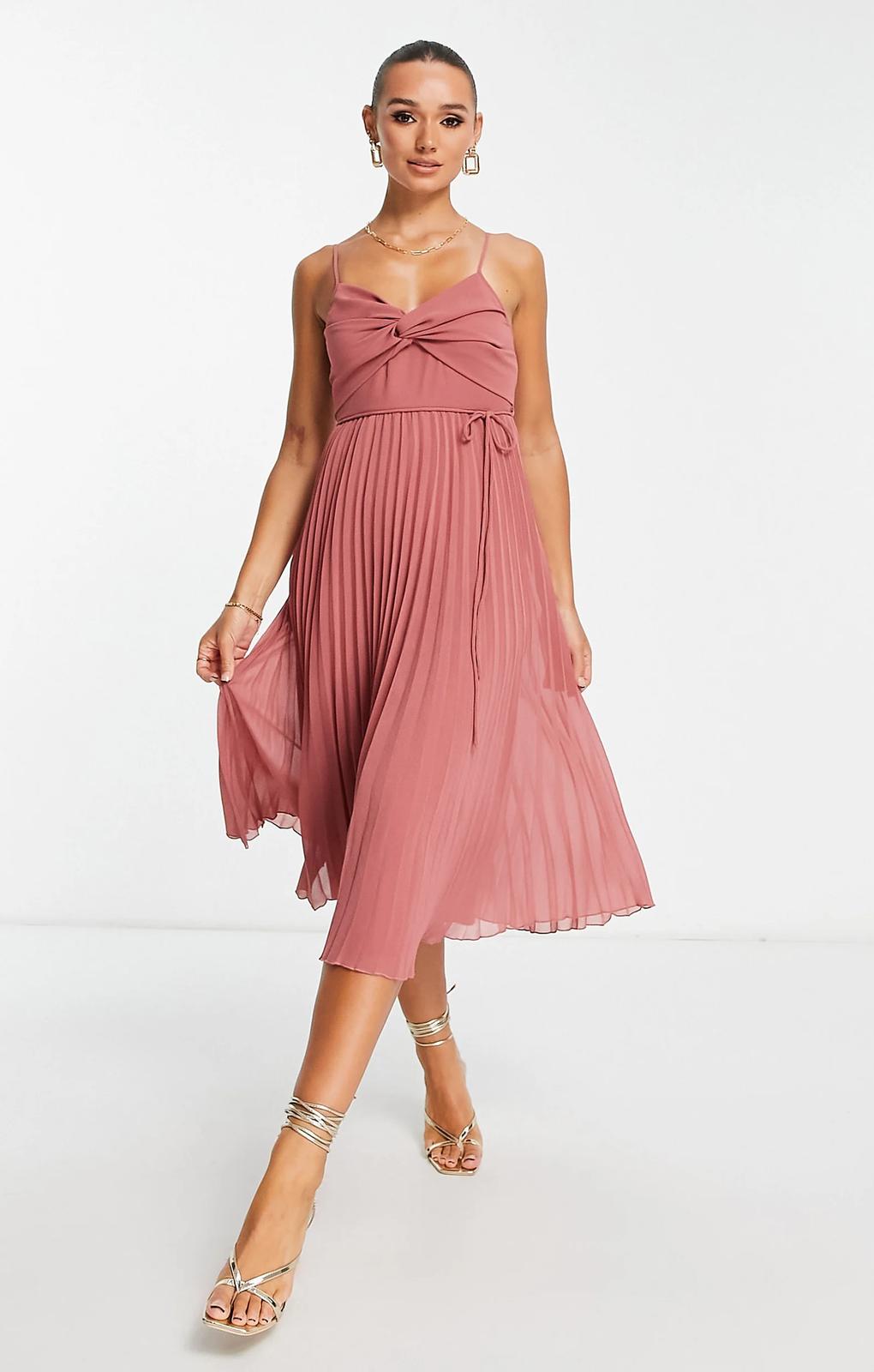 Asos Design Twist Front Pleated Cami Midi Dress With Belt In Rose Pink – dresses by ASOS DESIGN, available to rent from Hirestreet