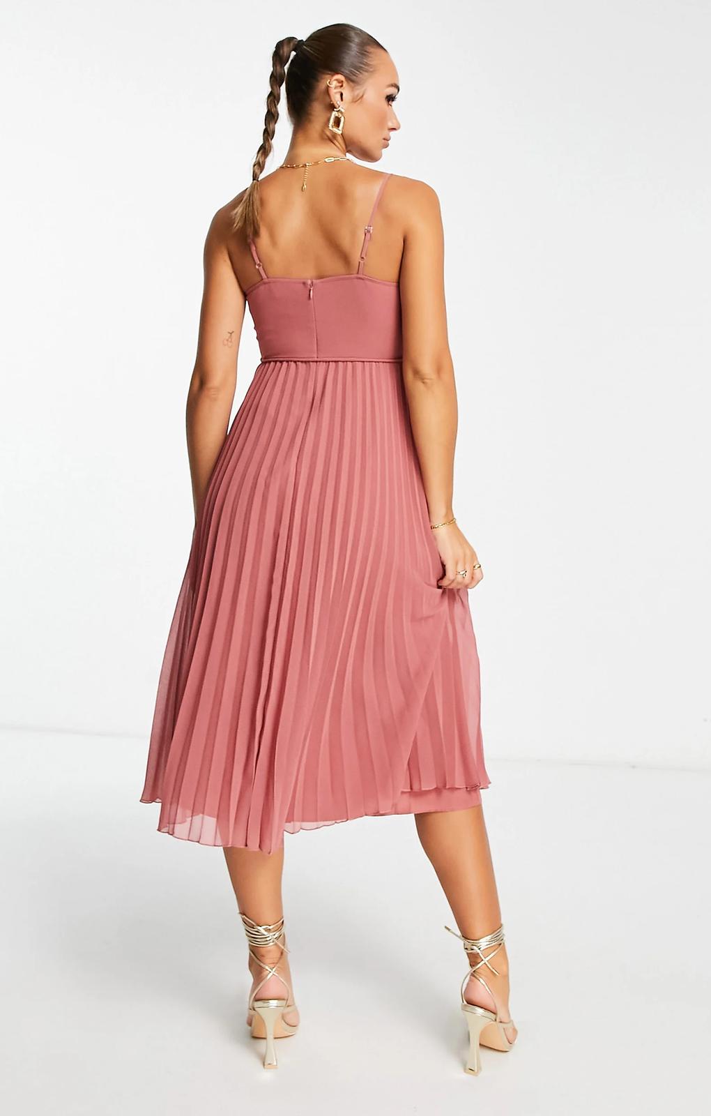 Asos Design Twist Front Pleated Cami Midi Dress With Belt In Rose Pink – dresses by ASOS DESIGN, available to rent from Hirestreet
