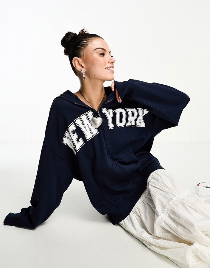 Asos Design Zip Through Hoodie With New York Graphic In Navy – tops by ASOS DESIGN, available to rent from Hirestreet