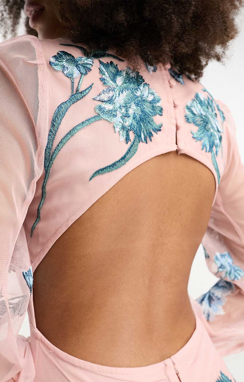 Asos Edition Blouson Sleeve Floral Embroidered Maxi Dress With Open Back In Light Pink