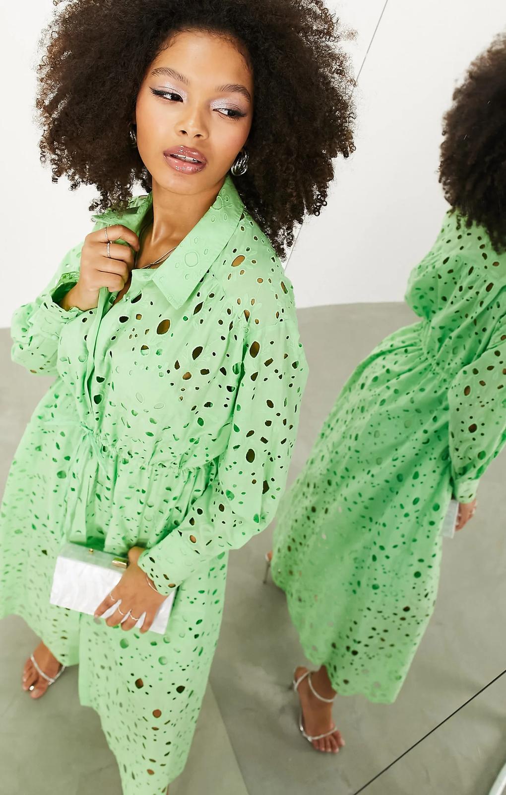 Asos Broderie Drawstring Long Sleeve Midi Shirt Dress In Bright Green – dresses by ASOS EDITION, available to rent from Hirestreet