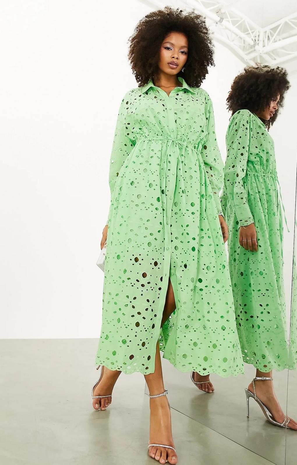 Asos Broderie Drawstring Long Sleeve Midi Shirt Dress In Bright Green