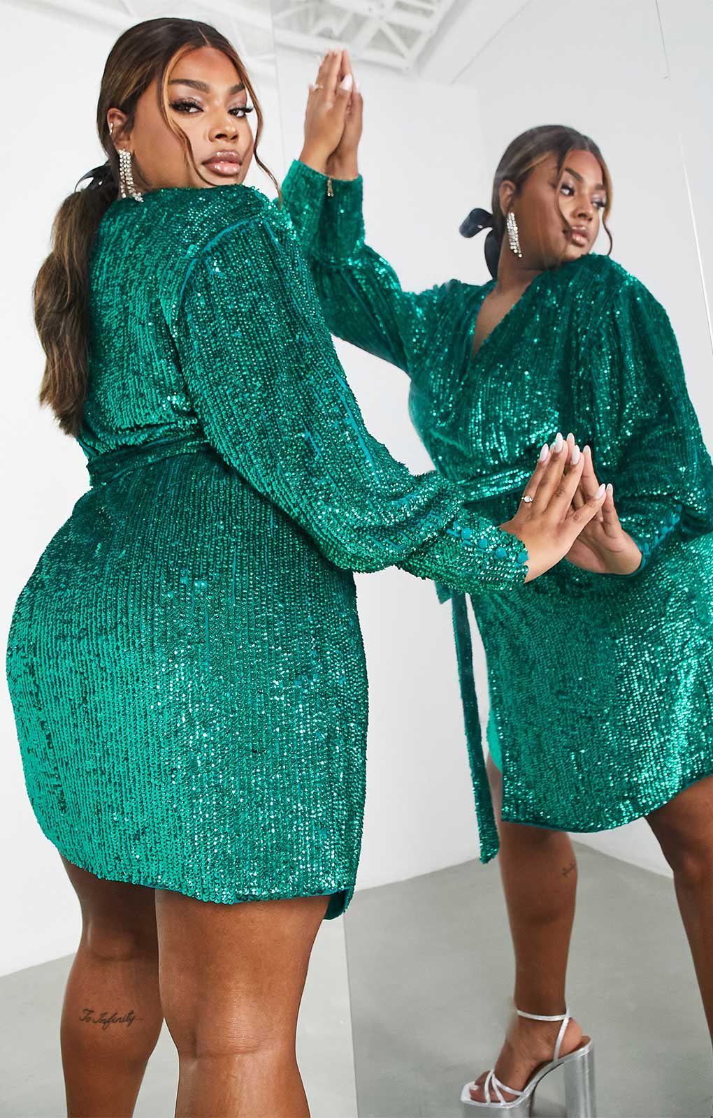 Asos Edition Curve Sequin Wrap Mini Dress In Teal Green
