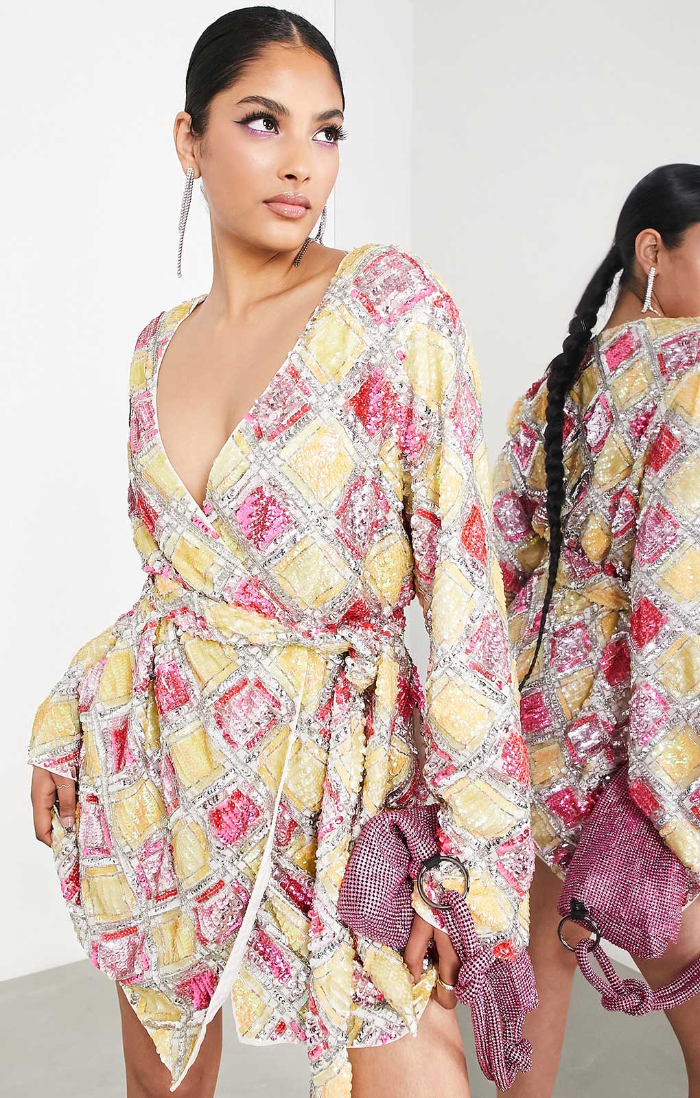 Asos Edition Embellished Belted Wrap Mini Dress In Diamond Sequin