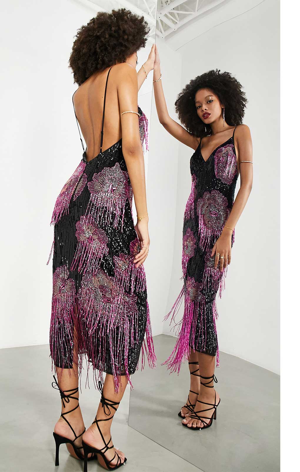 Asos Edition Embellished Cami Midi Dress With Floral Fringe In Black And Pink
