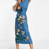 Asos Edition Floral Embroidered Organza Midi Dress In Steel Blue