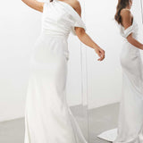 Asos Edition Larisa Satin Draped Shoulder Bodice Dress With Fishtail In Ivory