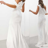 Asos Edition Larisa Satin Draped Shoulder Bodice Dress With Fishtail In Ivory