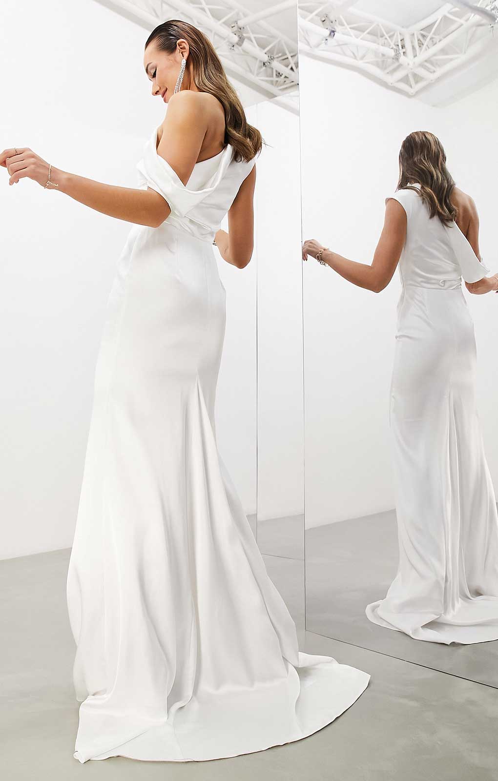 Asos Edition Larisa Satin Draped Shoulder Bodice Dress With Fishtail In Ivory