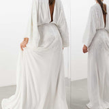 Asos Edition Lisa Drape Sleeve Plunge Dress With Floral Embellishment In Ivory