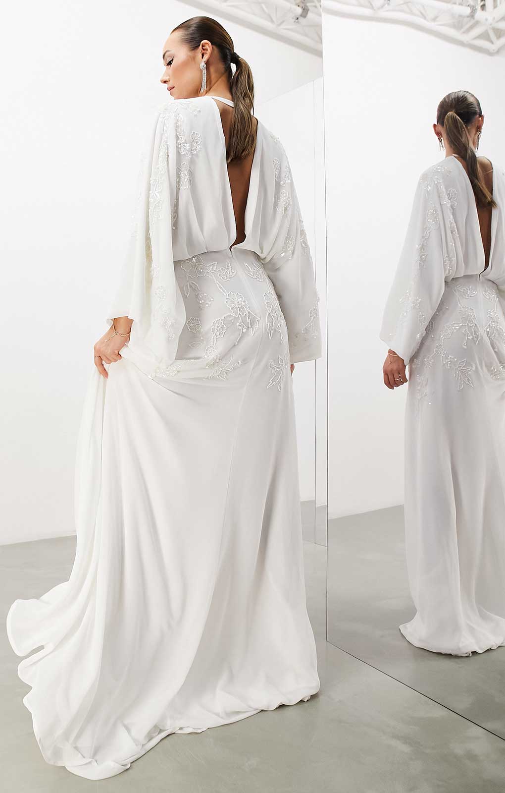 Asos Edition Lisa Drape Sleeve Plunge Dress With Floral Embellishment In Ivory